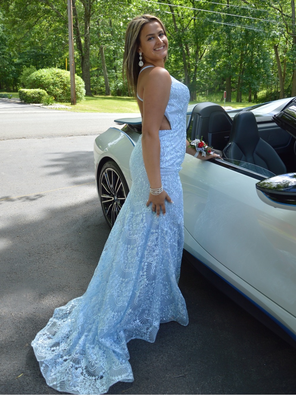 Light Blue Lace Prom Gown